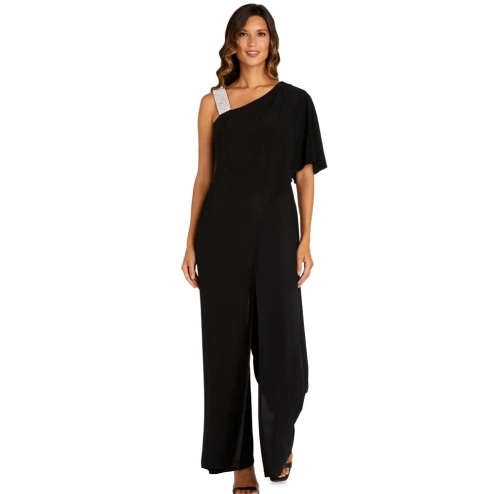 R&M Richards Jumpsuit Wide Leg Rhinestone Strap Overlay Women's 8 Black NWTโ